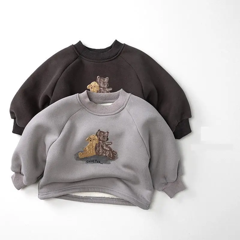 

2025 Winter New Children Fleece Sweatshirt Cotton Girls Cartoon Print Pullover Boys Plus Velvet Thick Warm Tops Kids Clothes