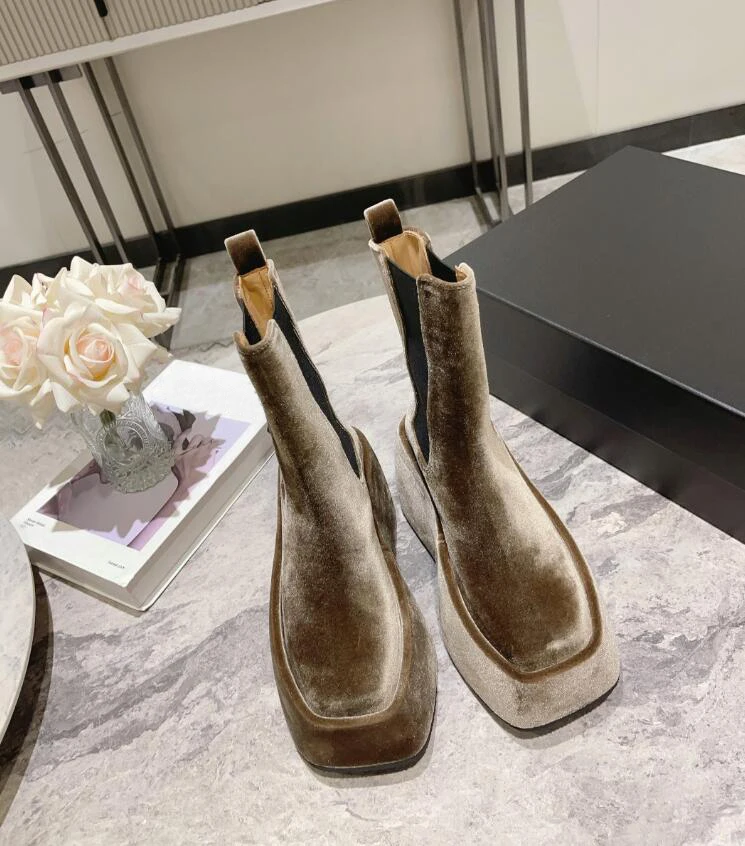 Soft Cake Thick Bottom Water Platform Velvet Slip on Short Boots Female Gold Blue Gorgeous Luxury Height Increasing Party Shoe