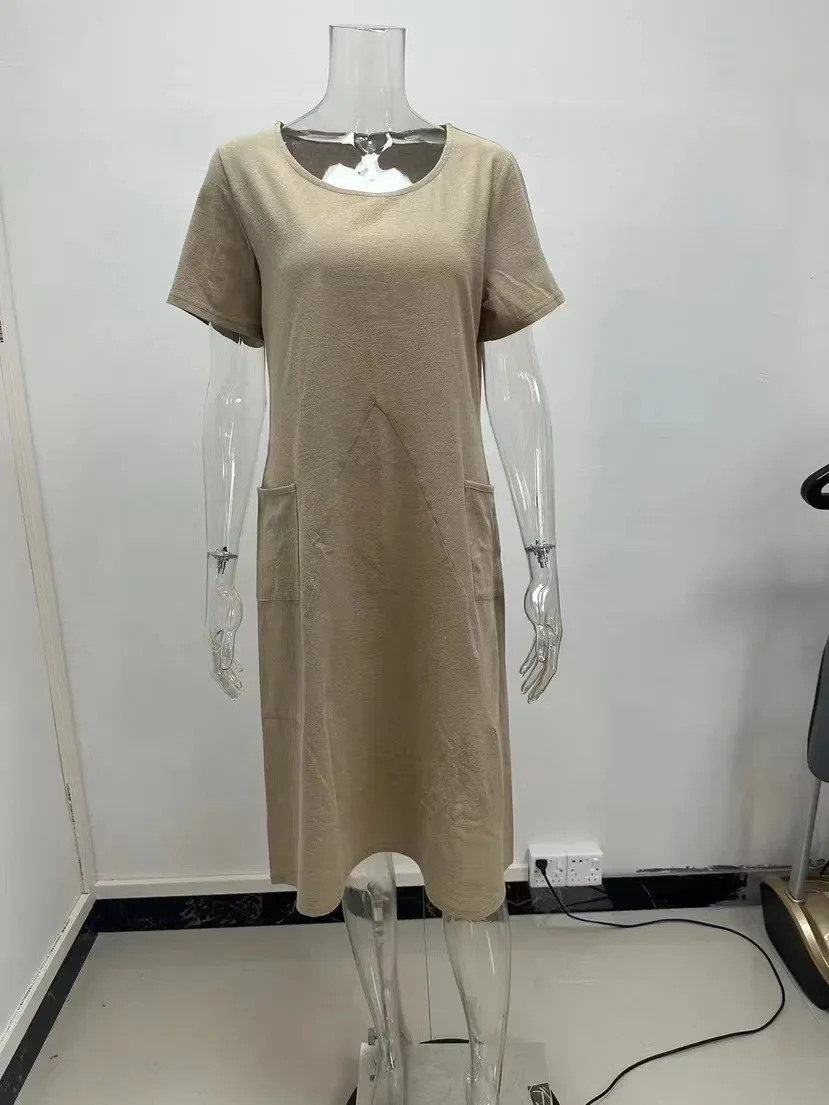 Abiti a maniche corte con o-collo da donna casual in tinta unita con tasca Abbigliamento da strada quotidiano Abito estivo da donna alla moda taglie forti