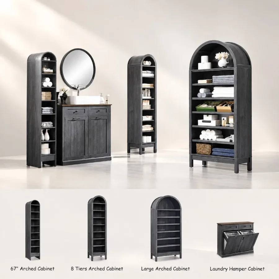 67 Tall Arched Bathroom Storage Cabinet, 8-Tier Modern Farmhouse Wood Freestanding Cabinet with Adjustable Shelves for Bathroom