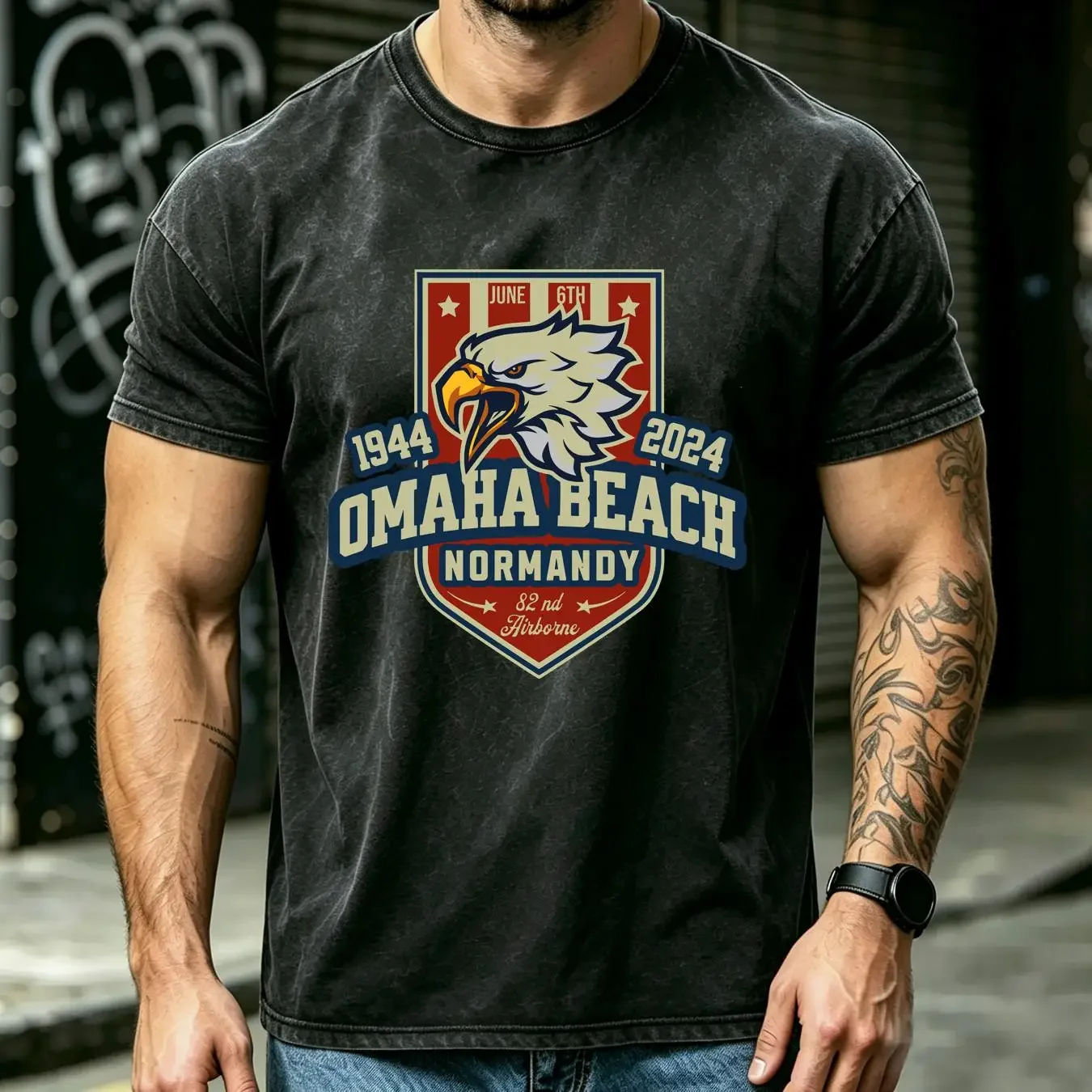 washed T Shirt Omaha Beach Normandy 1944 2024 Eagle Men's long or short sleeves vintage Washed streetwear fashion Breathable