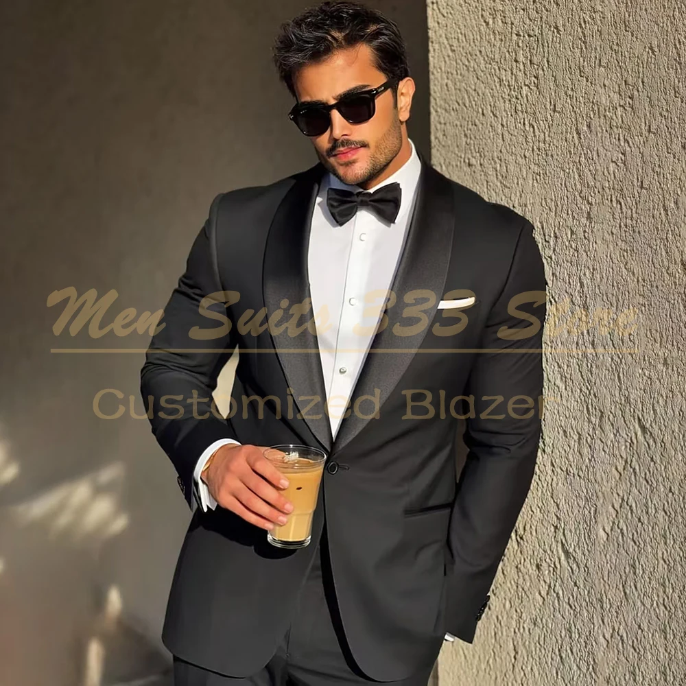 

Elegant Black Men's Suits Formal One-Button Shawl Lapel Slim Fit 2 Piece Jacket Pants Outfits Fashion Male Clothing Outfits