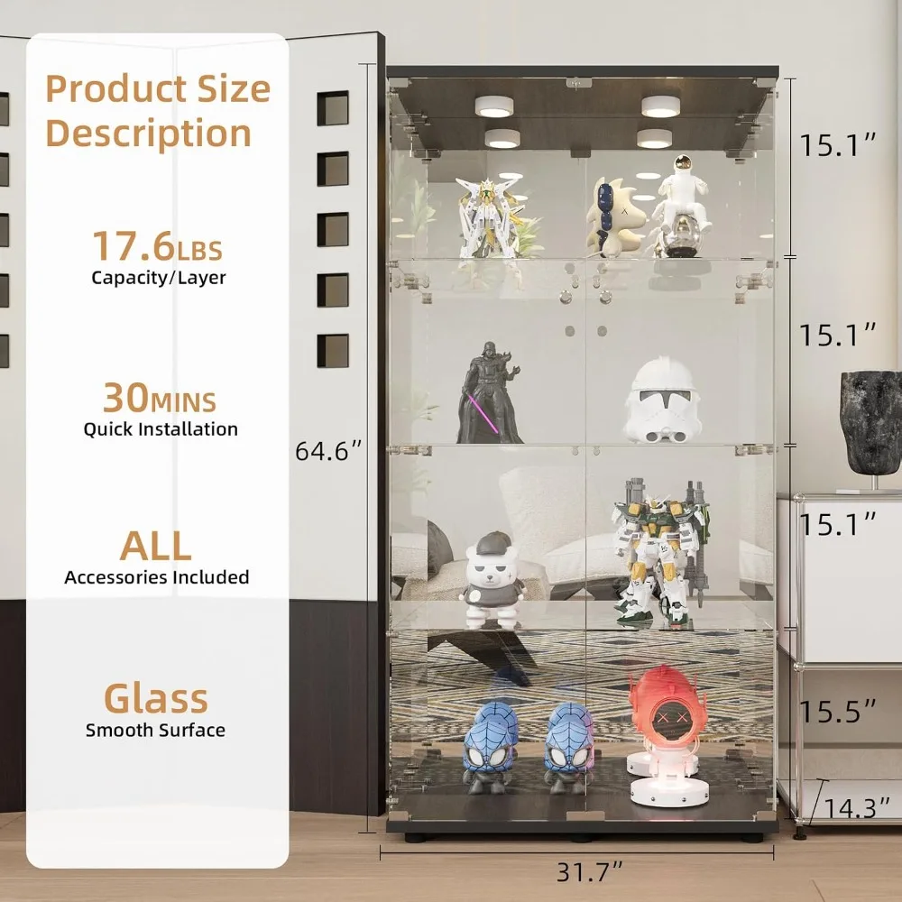 Black Glass Display Cabinet with LED Light & Mirror, 4-Shelf Curio Storage for Living Room