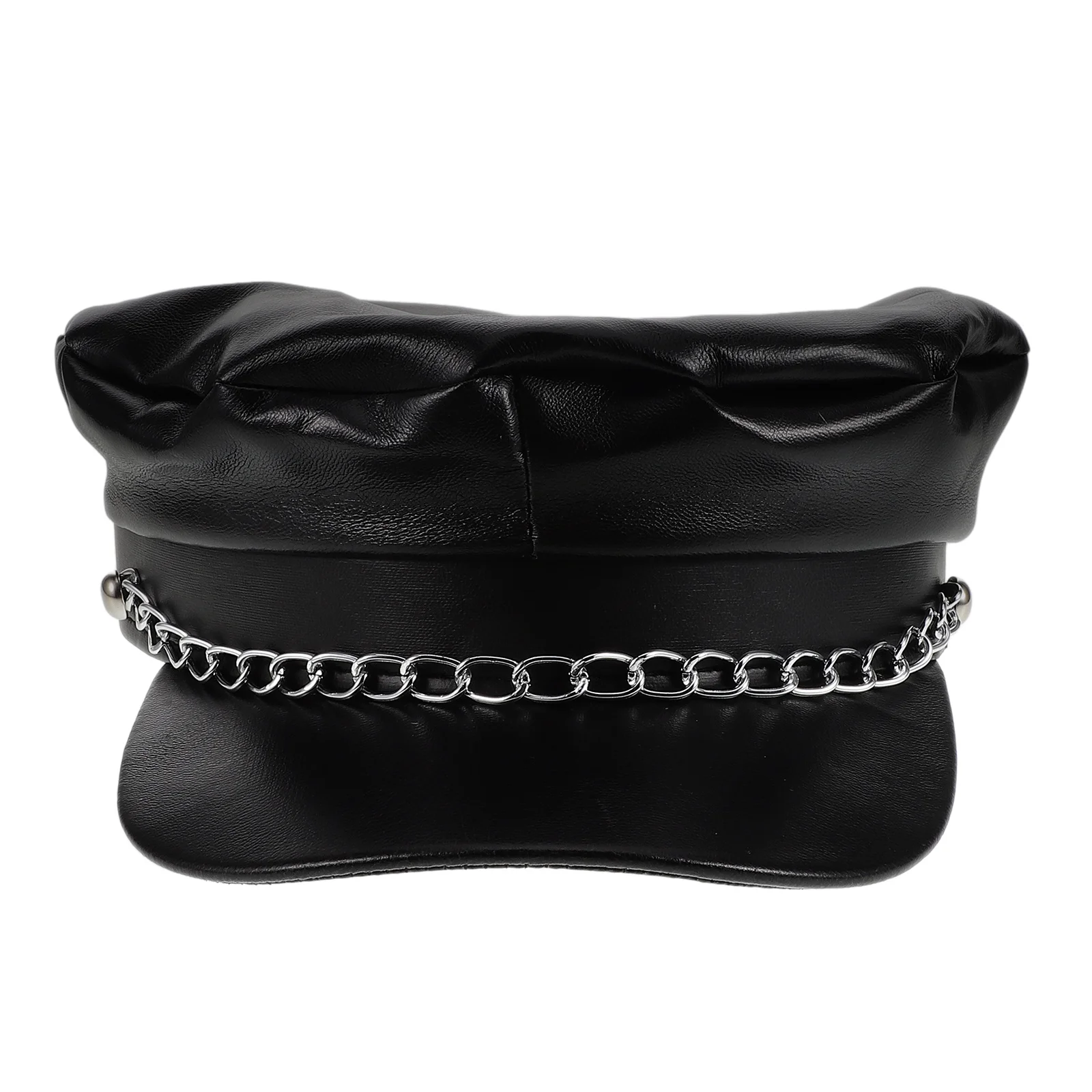 

Black PU Chain Sailor Hat Vintage Flat Top Short Brim Cap Men Women Party Costume Newsboy Bakerboy Fisherman Style