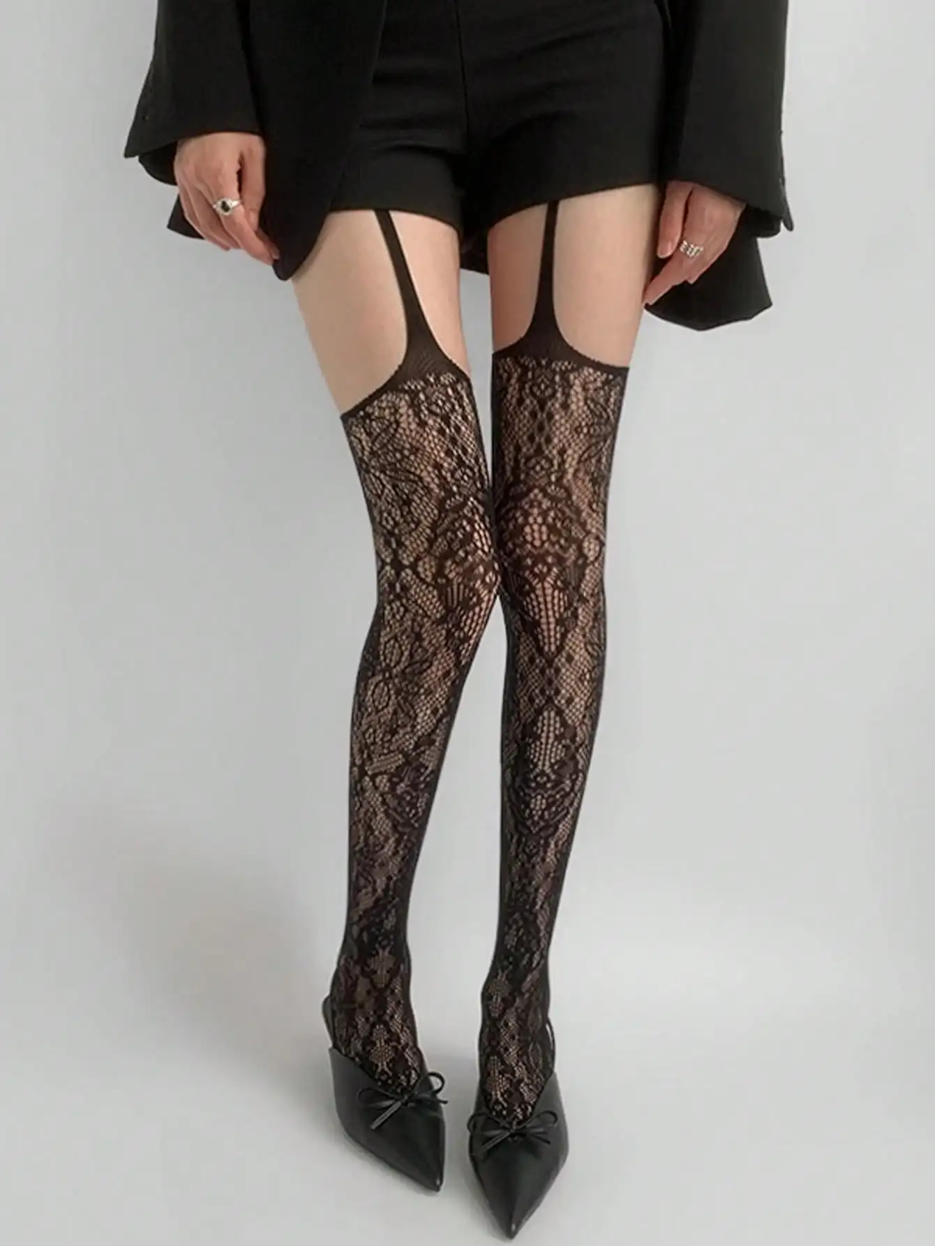 

Black Lace Fishnet Thigh High Stockings with Garter Straps for Women, Sexy Summer Hosiery