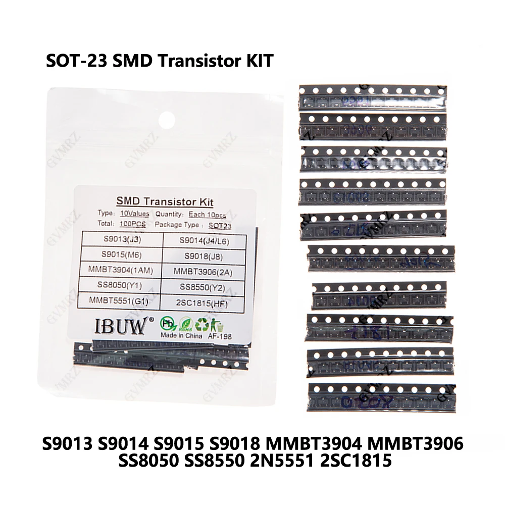 10kinds X10pcs=100pcs 2N5551 2SC1815 SOT-23 SMD Transistor KIT S9013 S9014 S9015 S9018 MMBT3904 MMBT3906 SS8050 SS8550