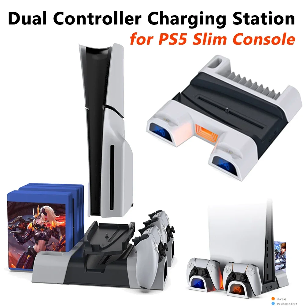 Vertical Cooling Base Controller Charger Multi-functional Charging Dock Remote/10 Game Disk Rack for Playstation5 Slim Console