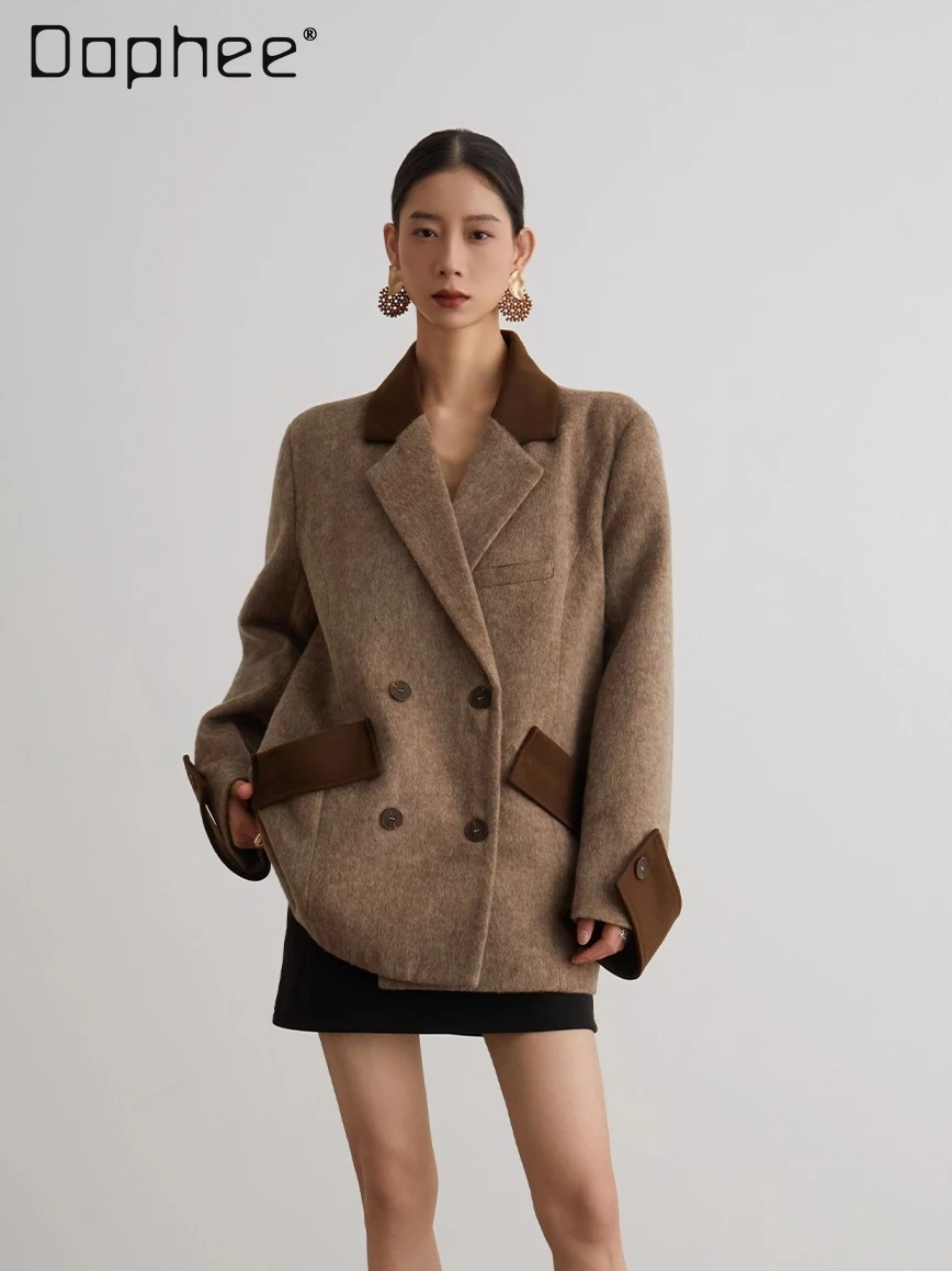

High-end Elegant Tweed Coat for Women French Style Trendy Patchwork Color Cross Collar Long Sleeve Loose Casual Winter Coat