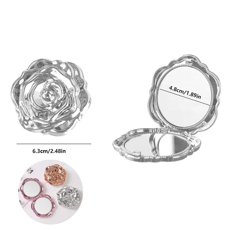 مرآة صغيرة محمولة على شكل زهرة وردية كلاسيكية، مرآة مكياج صغيرة للجيب، مرايا يدوية مزدوجة الجوانب، أداة تجميل مدمجة هدية #1