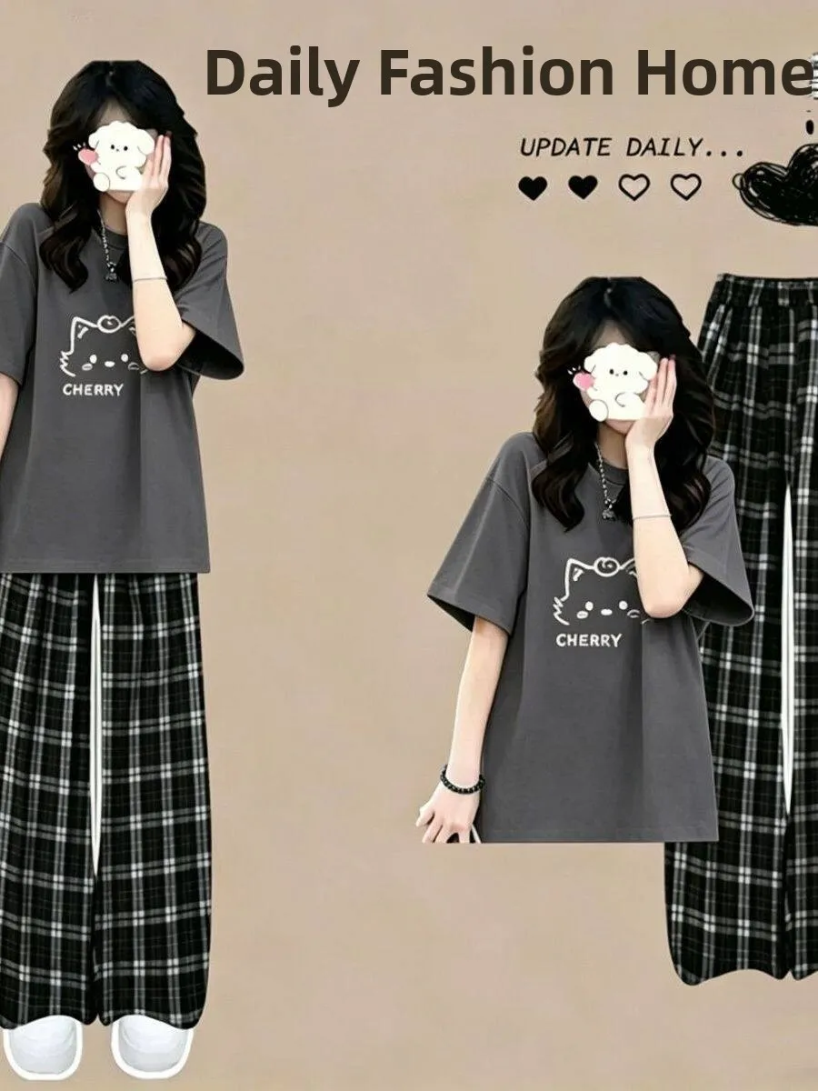 

plus Size Women's Summer Casual Plaid T-Shirt Set Short Sleeve Breathable Comfortable Two-Piece Outfit for Students And Fashi...