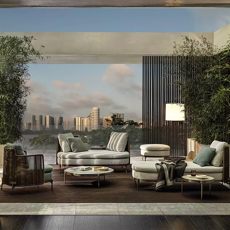 

！@Minimalist Ribbed Rattan Outdoor Sofa Set Nordic Design Waterproof Eco-Friendly Durable Garden Furniture for Hotel Lounges