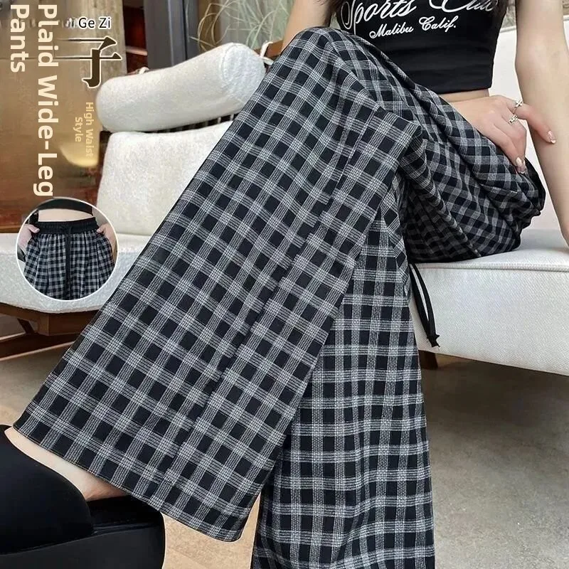 

Женские брюки с высокой талией в клетку, летние, 2026, новый стиль, повседневные, свободные, широкие, прямые, в корейском стиле, длинные