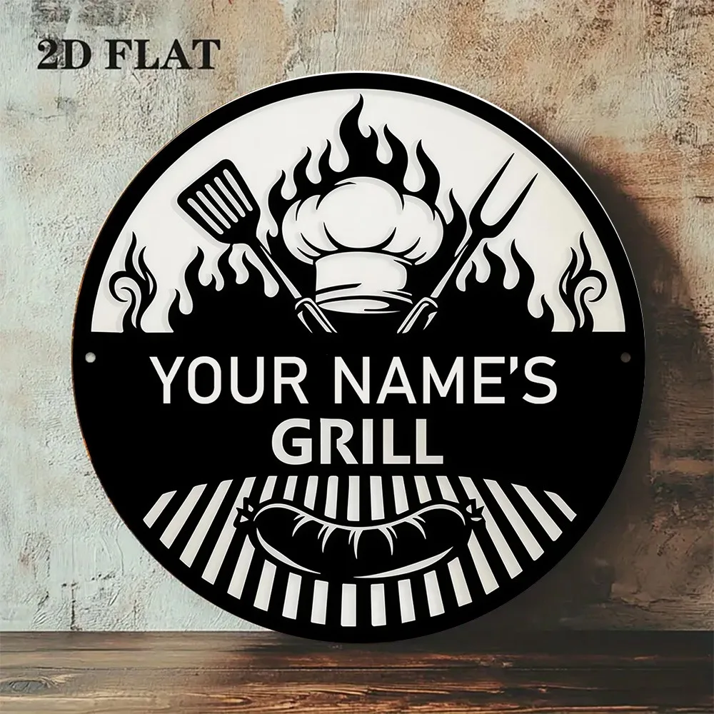 [2D Flat] 1pc Custom Personalized Round Grill Metal Sign, Chef Hat Flame Sausage BBQ Wall Decor (Only For Decoration)