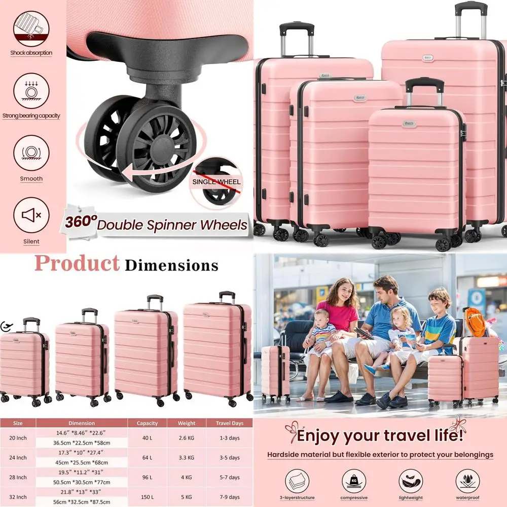 4-Piece Hardshell Suitcase Set with Double Spinner Wheels, TSA Lock, 20-32 Inch, Pink