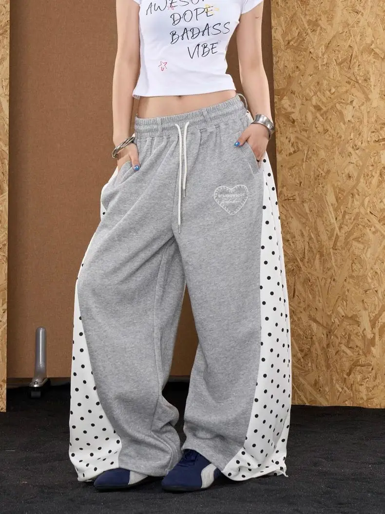 American Y2K Wide Leg Pant Women Streetwear Hip Hop Dot Patchwork Loose Trousers Fall Bf High Waist Casual Love Print Pants New