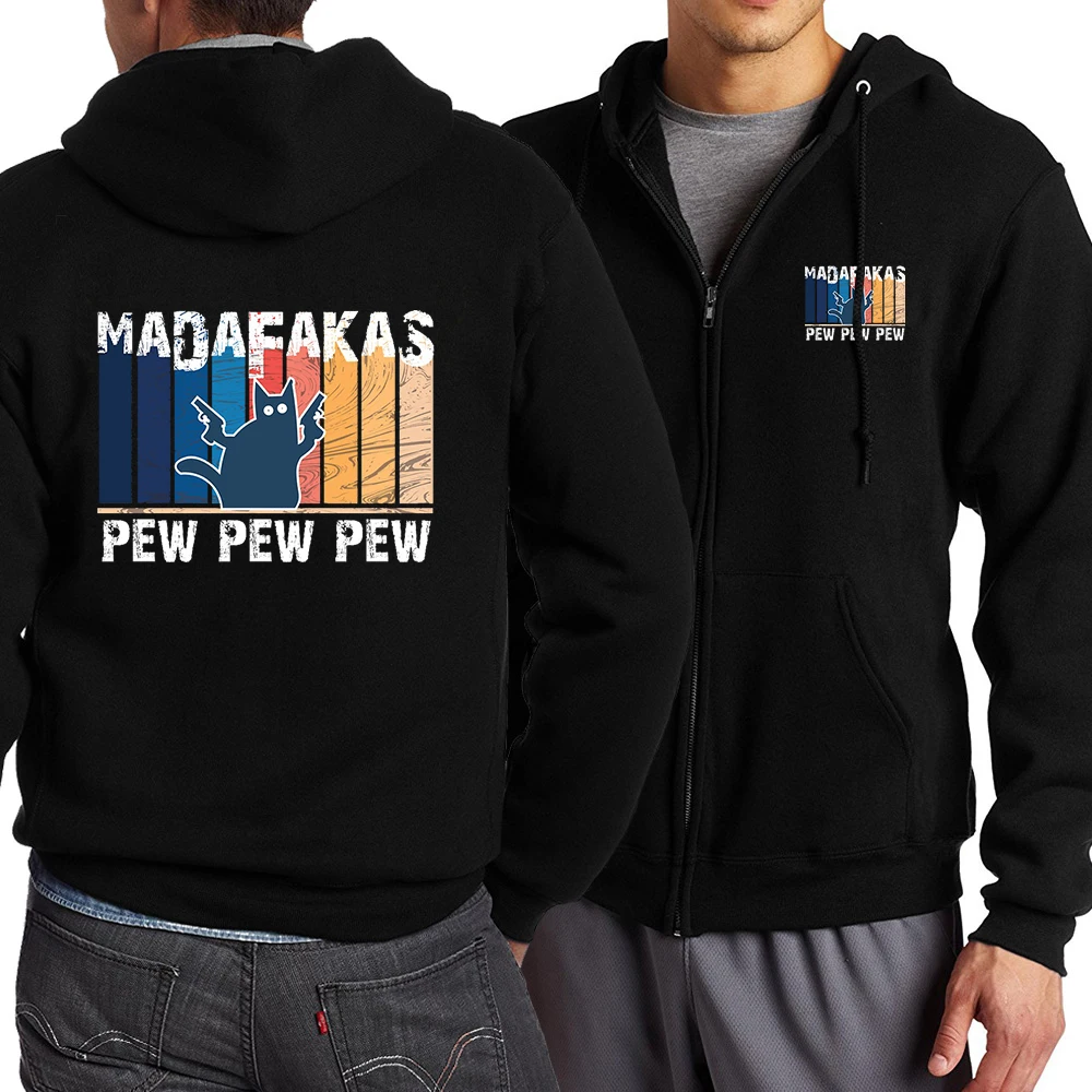 

Pew Pew Pew Madafakas Black Cat Colorful Prints Men Zipper Hoodies Cartoons Cute Long Sleeves Vintage Crewneck Coat Mans Jackets