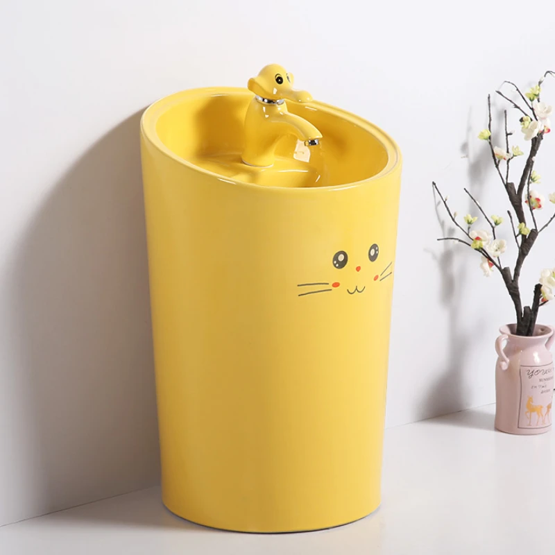 

Kindergarten Wash Basin Color Kid's Pedestal Basin Integrated High and Low Cartoon Sink Table Small Outdoor Courtyard Ceramic
