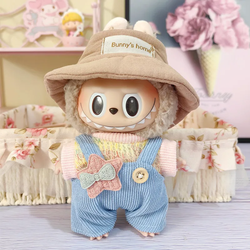 Cute Mini Plush Doll Clothes for Kids, 17cm, Outfit Accessories for Korea Kpop Exo Labubu Idol Dolls, T-Shirt e Calças, DIY Clothing, Gift