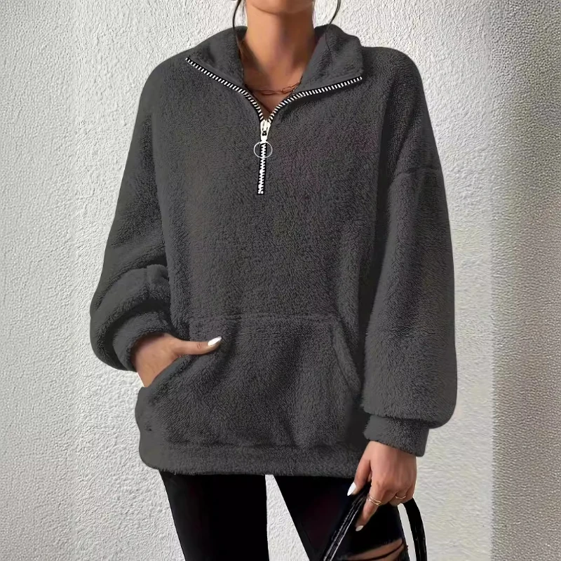 New Casual Fur Zipper Women's Stand Up Collar Pocket Hoodie Women's Clothing