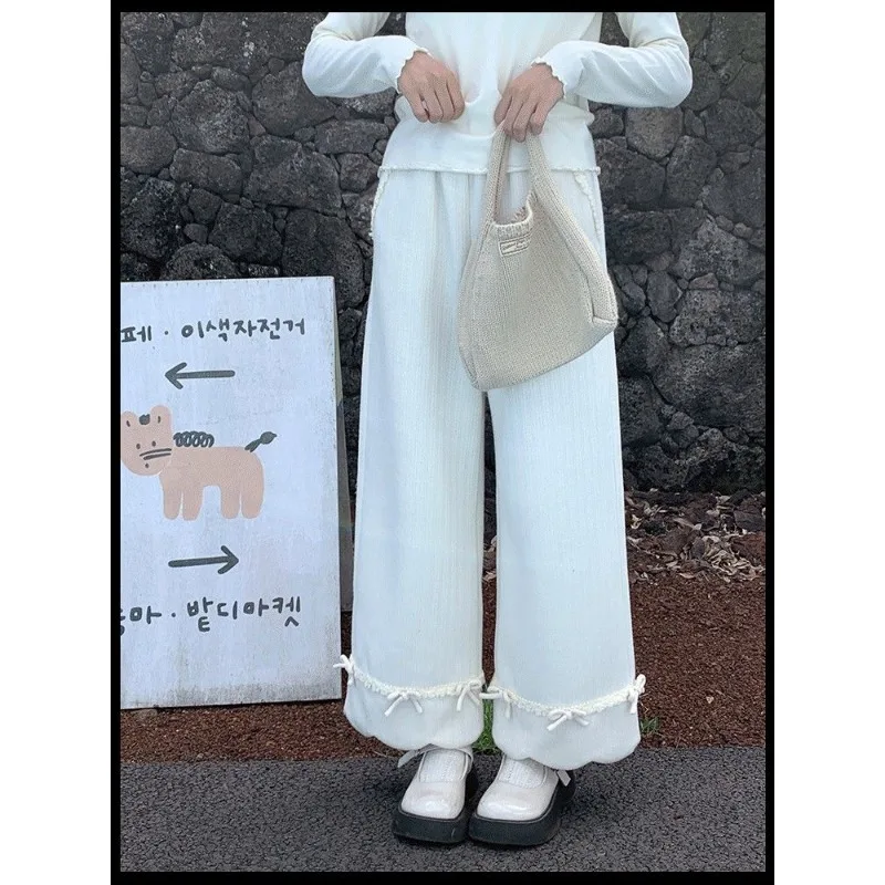 Deeptown White Sweet Bow Lace Corduroy Pants Women Wide Leg Straight Japanese Fashion Baggy Trousers Kawaii Warm Winter Casual