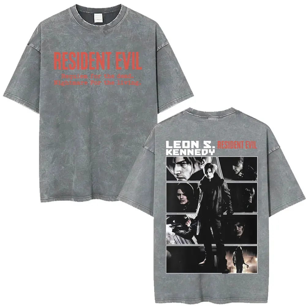 Limited Leon Kennedy Vintage Washed Tee Shirt Resident Evil Requiemm T-shirt Men Women Harajuku 100% Cotton Short Sleeve T Shirt