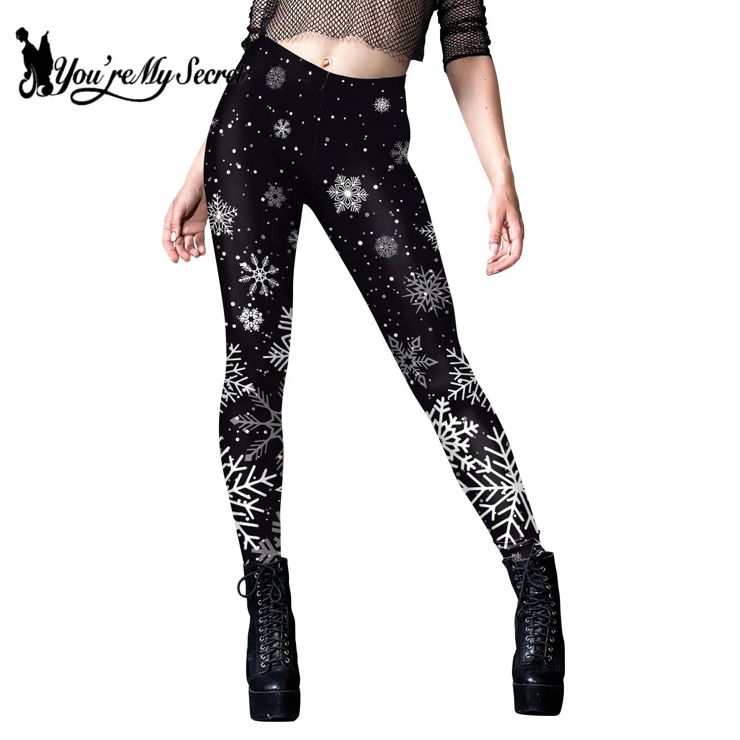 [You're My Secret] 女性用クリスマスレギンス セクシーなスノーフレークプリント ホリデーパーティーパンツ 女性用面白い弾性タイツズボン