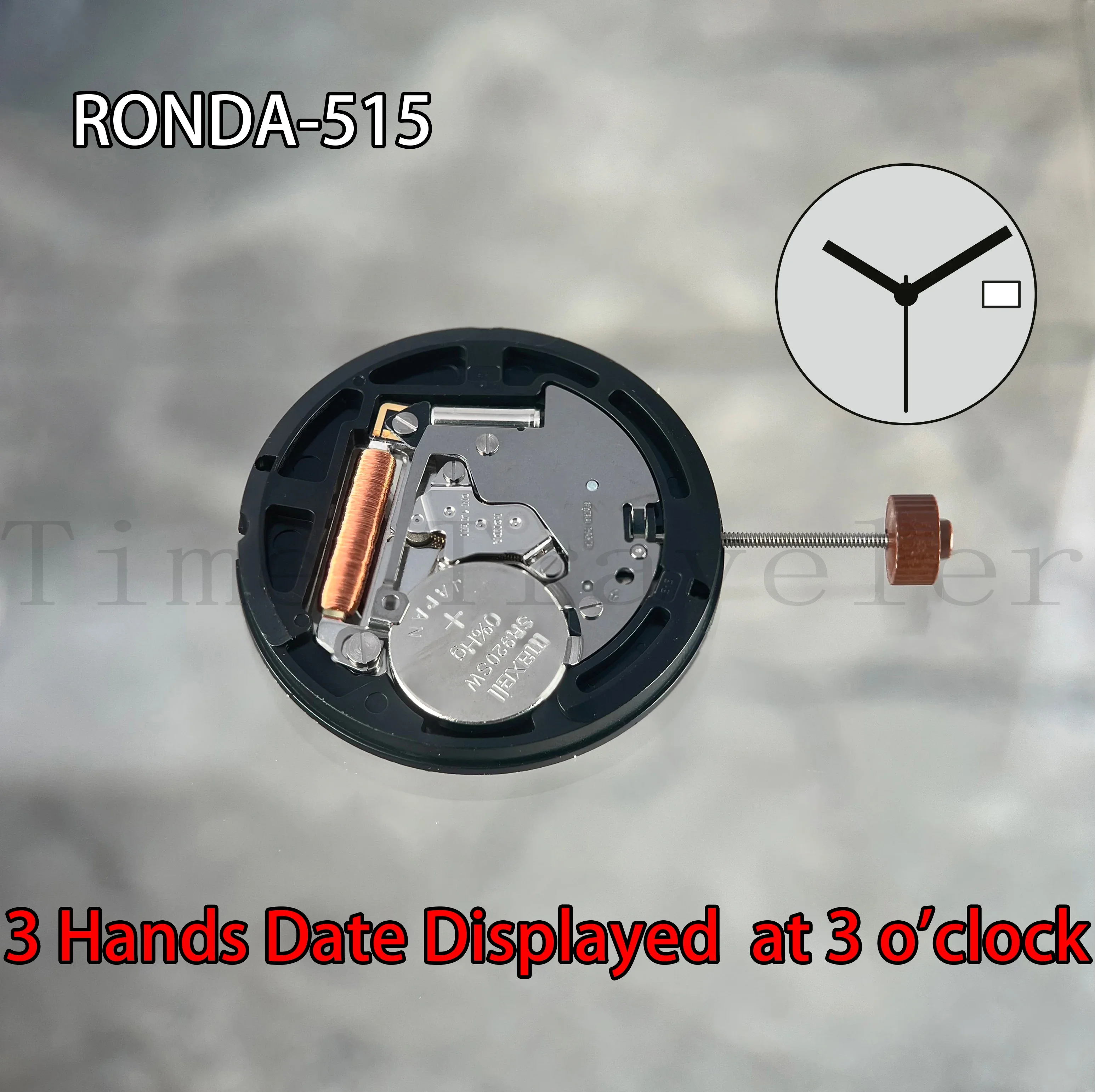 515 ruch kwarcowy RONDA RONDA-515-3 powertech rozmiar 3mm 11 ½ \'\', 25.60mm data z 3 rękami wyświetlana na godzinie 3