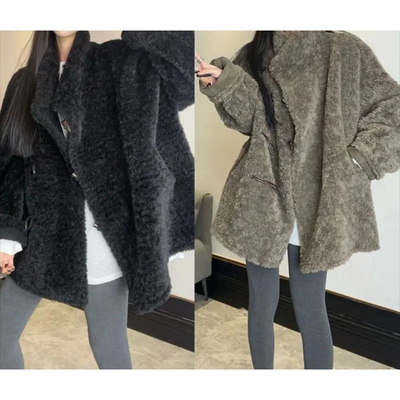 Women's Mid-long Reversible Suede Imitation Lamb Wool Fur One-piece Horn Button Fluffy Coat