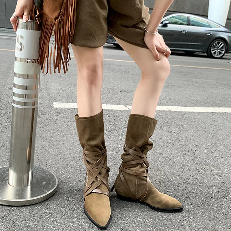 

Pleated Wrap Belts Botas Largas De Mujer Faux Suede Pointed Toe Long Boots For Women Mid-Top Flat Sole Heighten Shoes Lady Retro