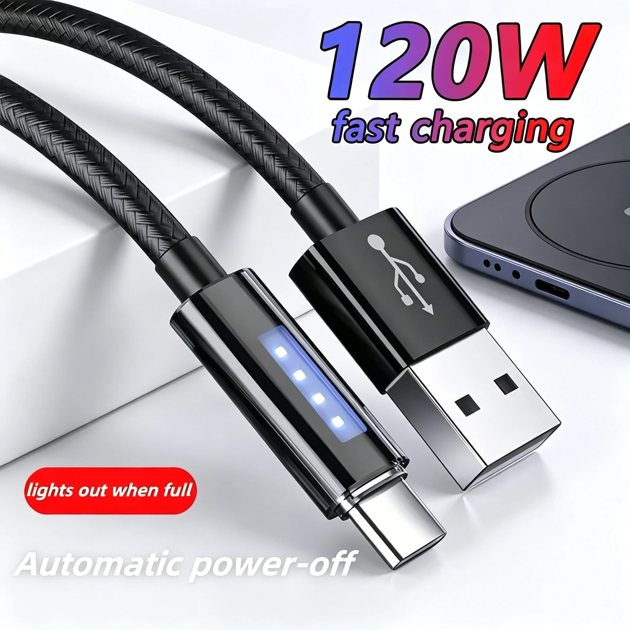 120W PD Quick Charge USB to Type-C Cable LED Light High Speed Phone Data Transfer Nylon Braided Charging Wire For iPhone Xiaomi