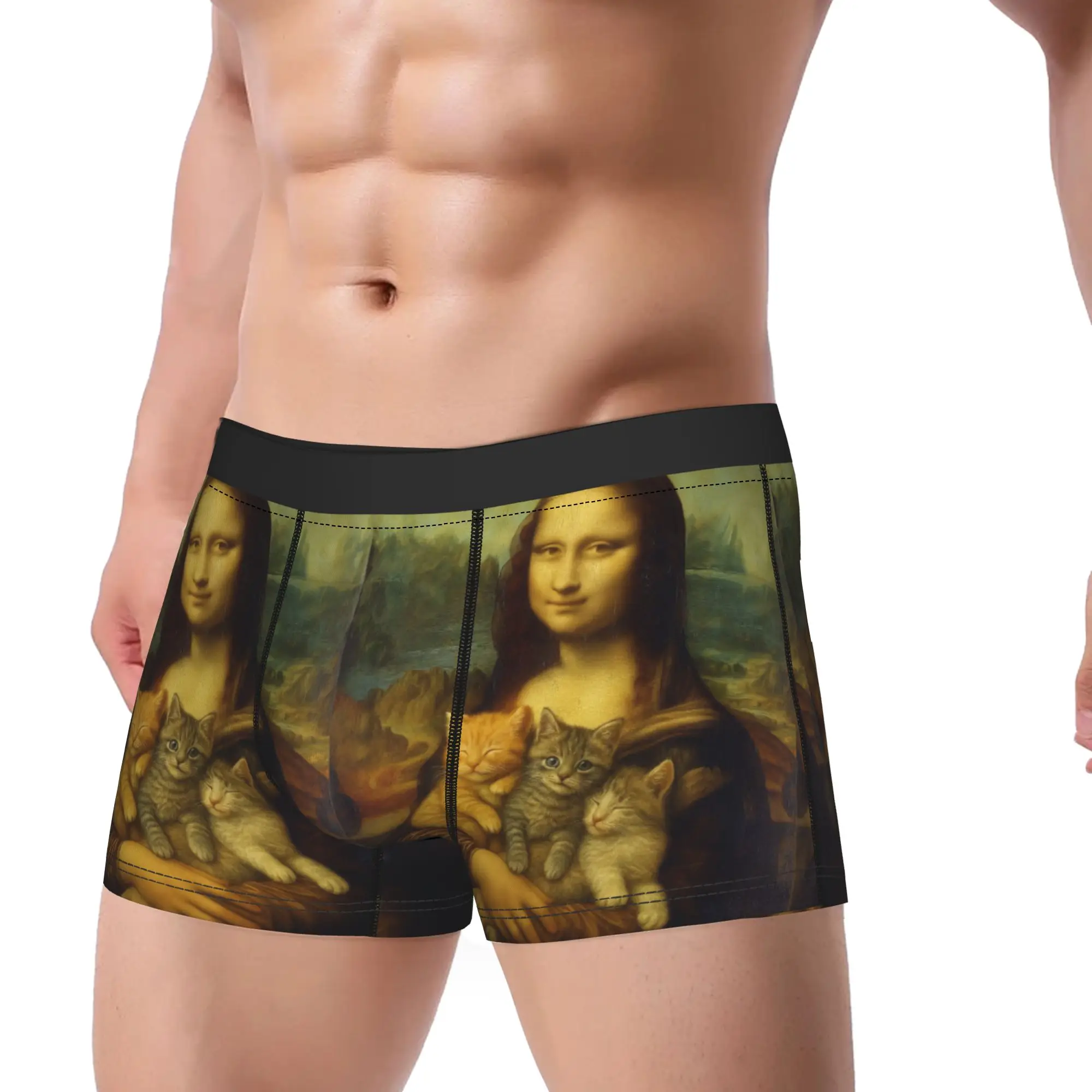 Cute Cat Lover Lisa Mona Art Underwear  Men Underpants Custom Funny Trunk High Quality Shorts Briefs Plus Size