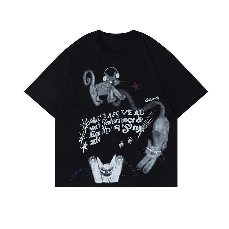 

American High Street Graffiti Cotton High Quality Cartoon Print Men's and Women's Short Sleeve Casual Loose Plus Size T-Shirts