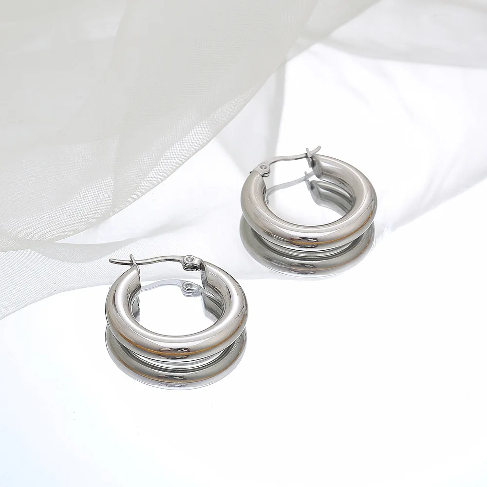 Wind Round Column Women Stainless Steel Hoop Earrings Fashion Trend Gold Plated Accessories Jewelry Gift