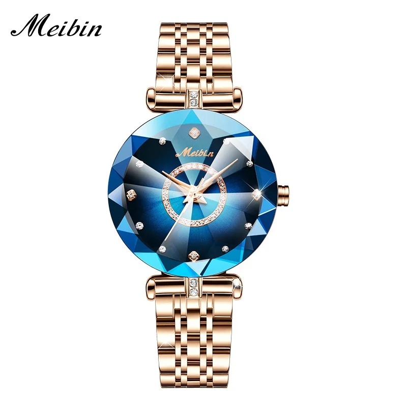 Meibin-Relojes de pulsera de diamantes de cuarzo azul para Mujer, pulsera femenina elegante, vestido de fiesta para niña, moda de marca superior de lujo