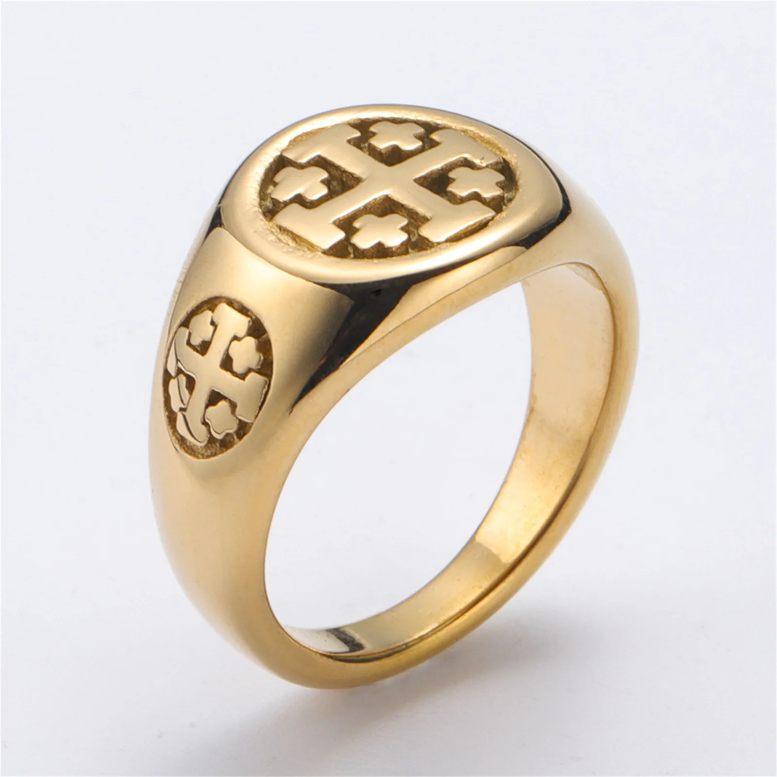 Gold Color Jerusalem Cross Ring Stainless Steel Religious Vintage Five Crosses Crusader Jewelry Georgia Symbol Jewelry for Men