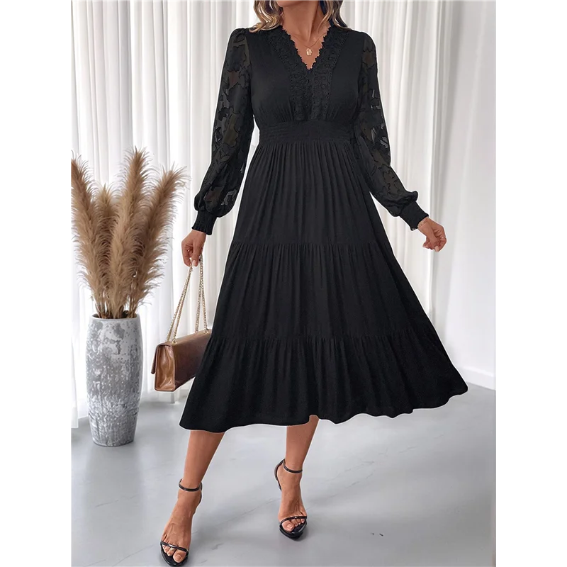 FX-Vestido de manga larga para mujer otoño cuello en V Aline primavera elegante modesto fluido invitados de boda Maxi vestidos