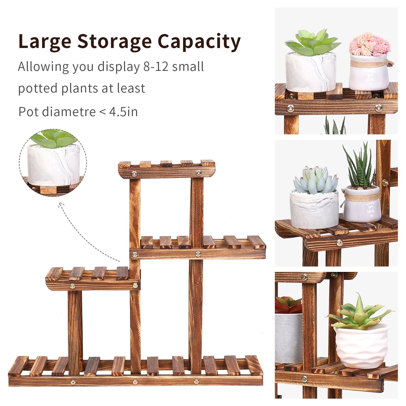 Soporte para plantas de madera carbonizada, estante para suculentas de varios niveles, Mini soporte para plantas de escritorio para balcón y jardín