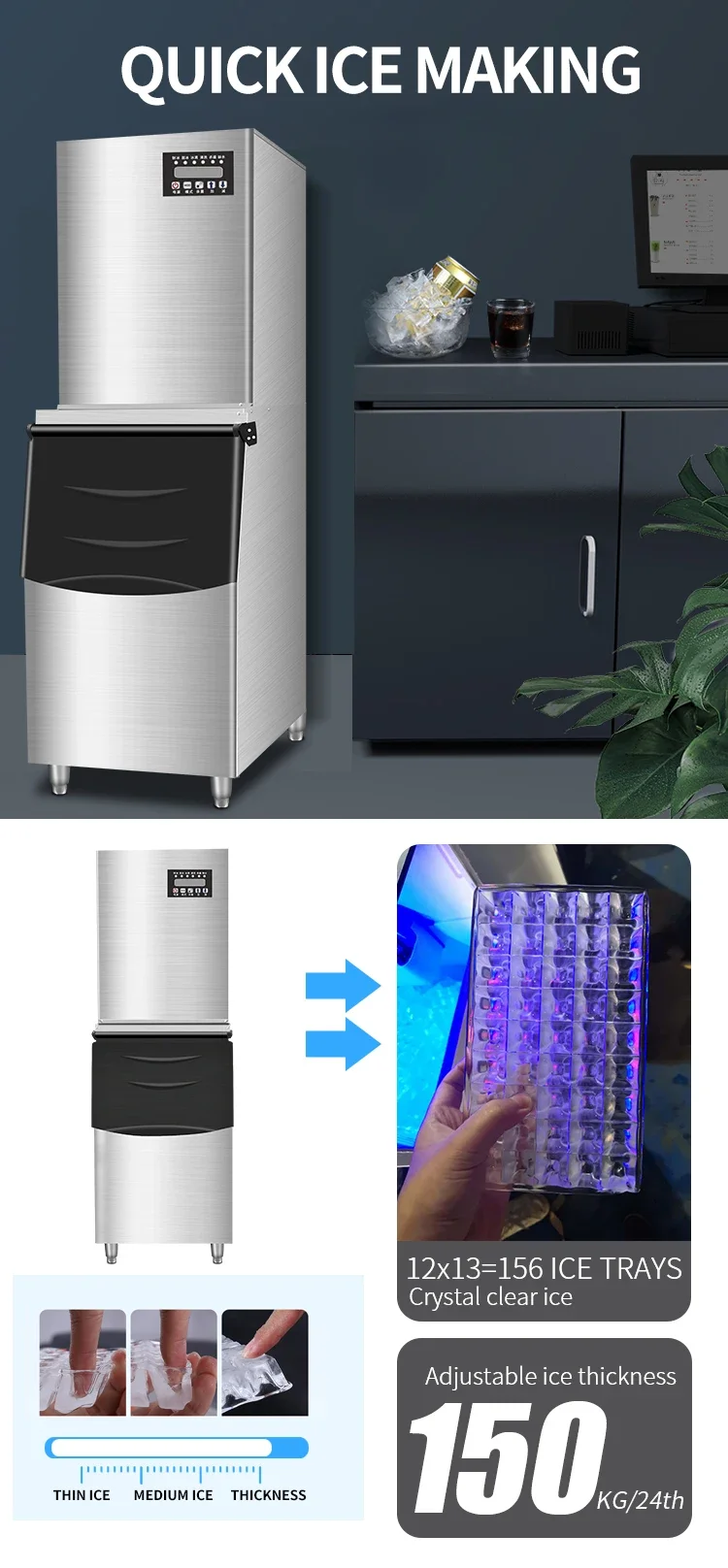 2026 Hot Sale Commercial Ice Machine for Shops and Bars - Large Capacity, Compact, Fully Automatic Square Ice Block 5