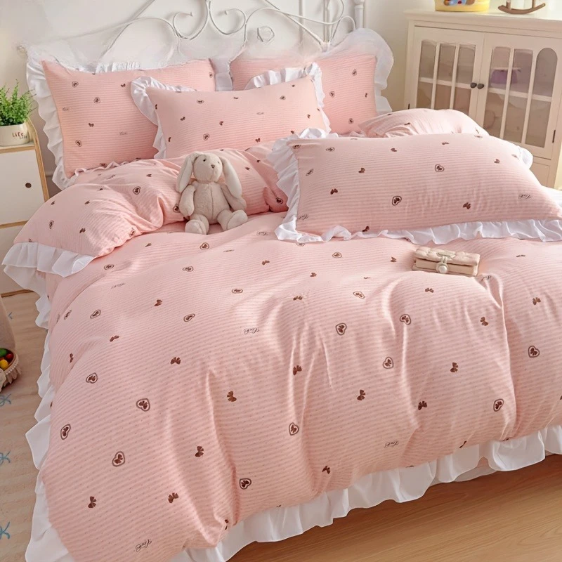 3/4pcs Princess Style Ruffle Edge Bedding Set Cute Floral Print Quilt Cover Soft Duvet Cover Set for Queen King Dormitory Home