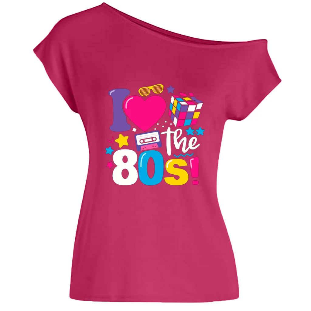 XUANSHOW 2024 Sommer I Love the 80s Emotional Element T-Shirt Sexy Off Shoulder Tops Kurzarm Buchstaben bedrucktes T-Shirt – Detail 23
