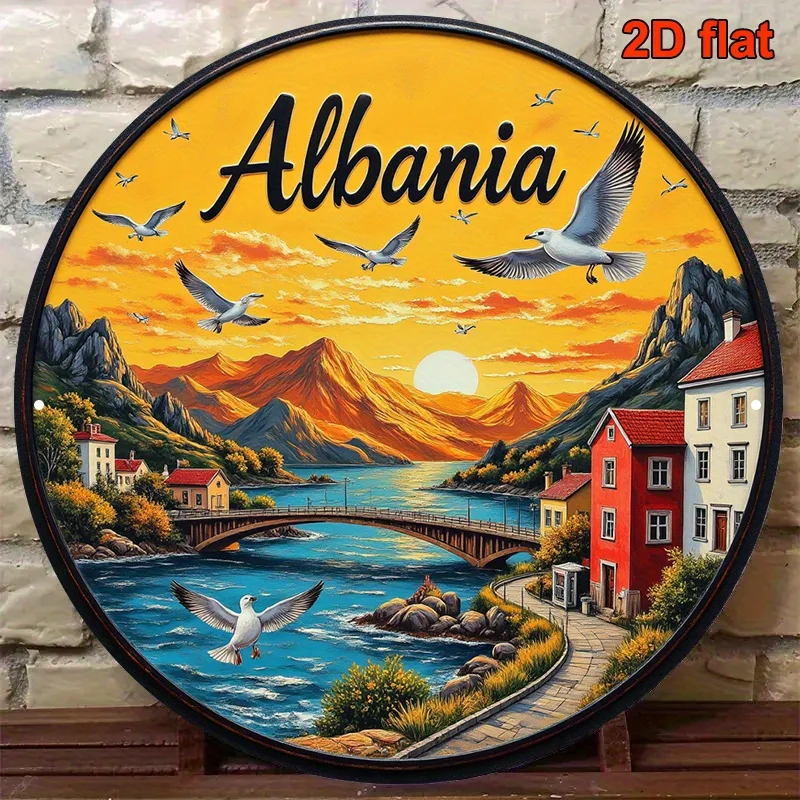 2D Flat, [2D Flat] 2D Flat Print 1pc Metal Iron Sign.Vintge Lbni Sescpe Round Sign - 20.32x20.32 cm, Colorful Scenic Wll Rt with