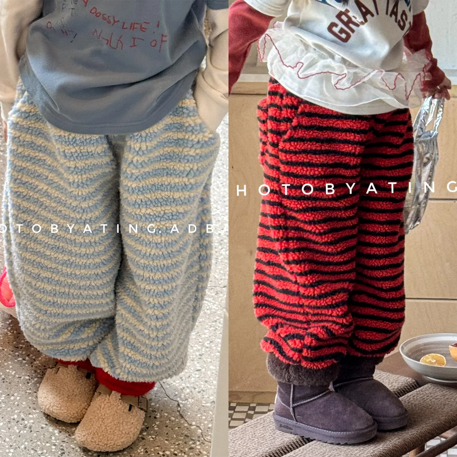 

Children Casual Striped Pant 2025 Autumn Winter Children Clothing Korean Baby Lamb Fleece Lined Pants for Girls and Boys
