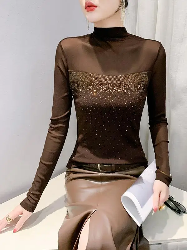 Ele f High Collar T-irt Rhinestone Embellied Base irt Faionable Unique Autumn New Arrival Women's Top