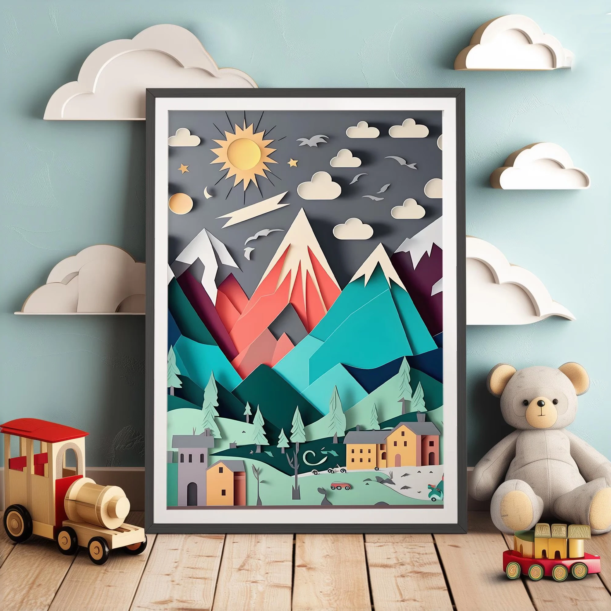 

Children's cartoon mountain prints paper cutting art children's room wall art children's room cute posters kindergarten prints