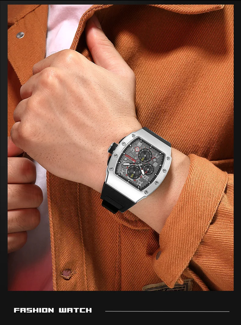 New Men's Sports Watch Luxury Brand Barrel Design Waterproof Clock Stainless Steel Watch Fashion Rectangular Men's Watch