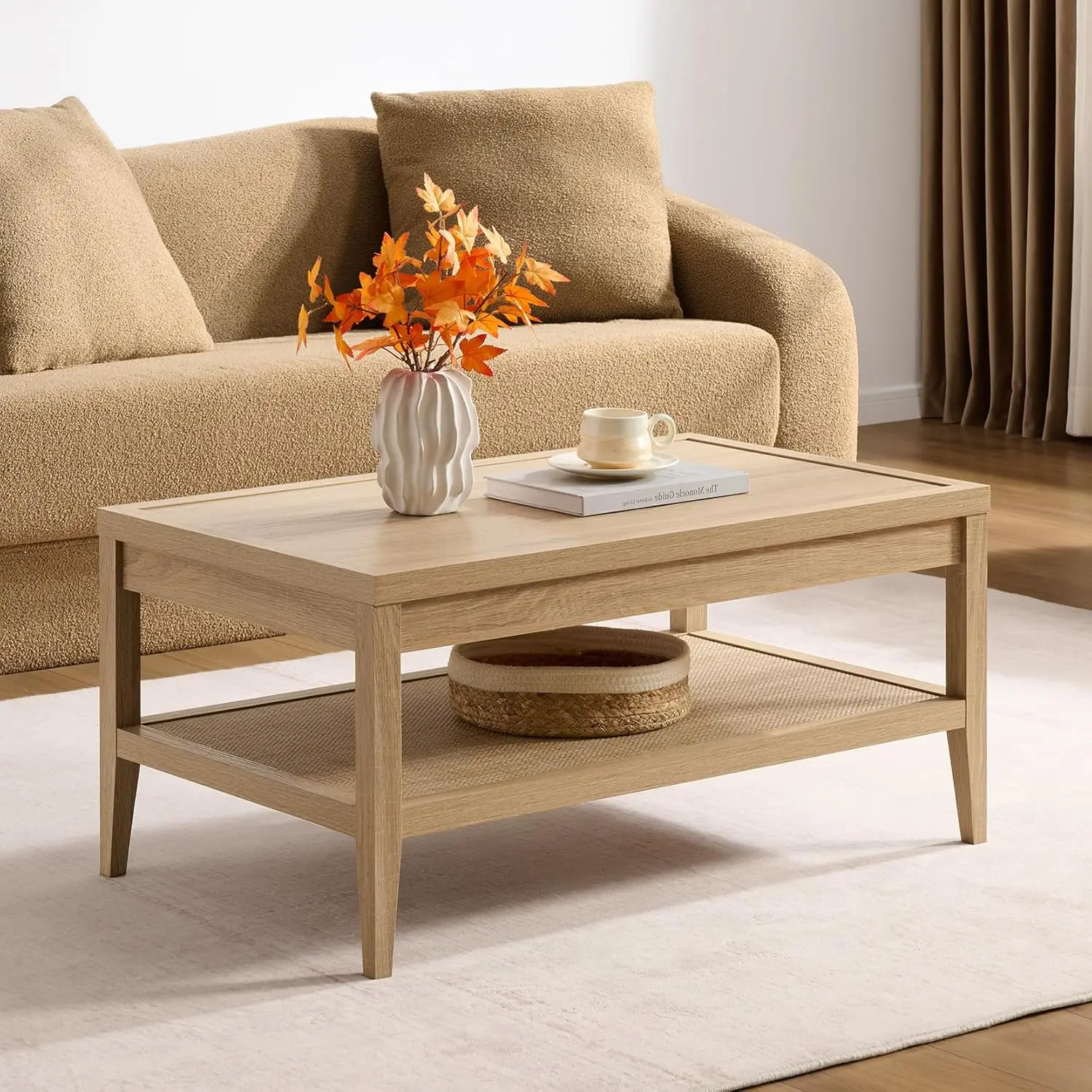 

Coffee Table with Storage, 37.5" Large Rectangular Coffee Table with 2-Tier Shelves, Farmhouse Boho Center, Customized