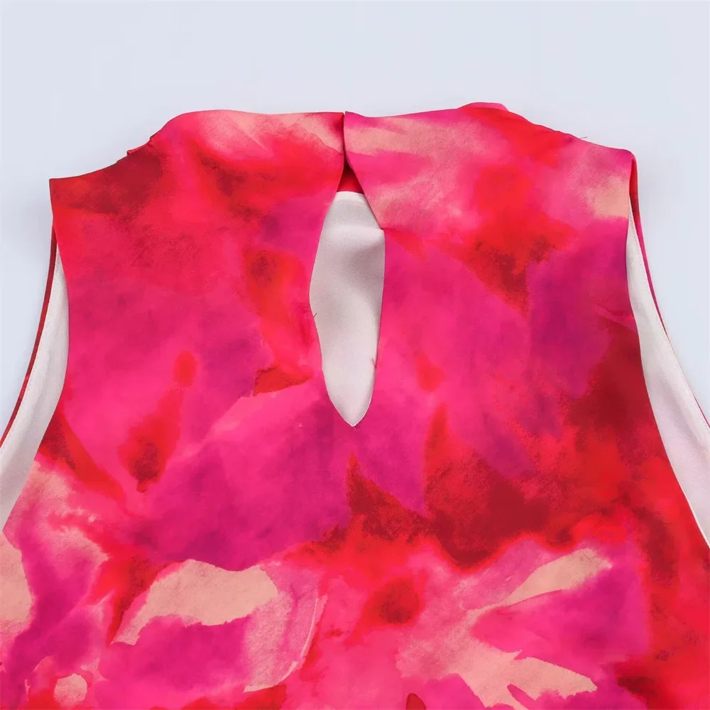 المرأة مطوي طوق الحرير الساتان الملمس المطبوعة MIDI تنورة الربيع والصيف منتج جديد سليم صالح فستان بلا أكمام #6