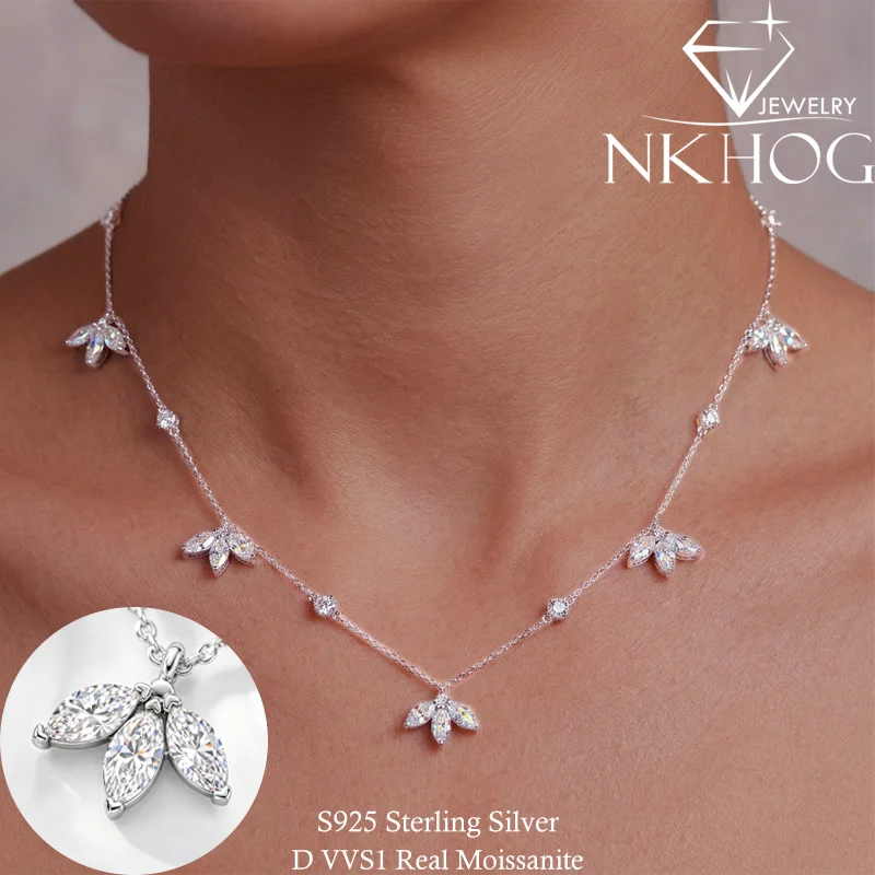 NKHOG S925 Silver Necklace For Women Leaf Pendant 4mm Round Moissanite 6*3mm Marquise Zircon Adjustable Chain Clavicle Necklaces