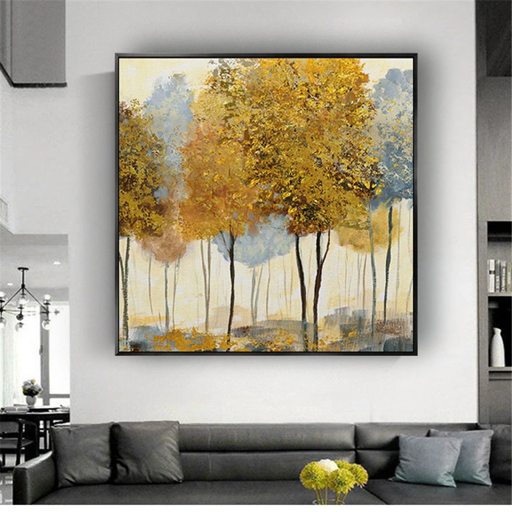 2025 جديد اليدوية Gloden الأصفر مجردة الأشجار النفط اللوحة ديكور المنزل قماش رسم جدار صورة فنية عمل فني الاكريليك