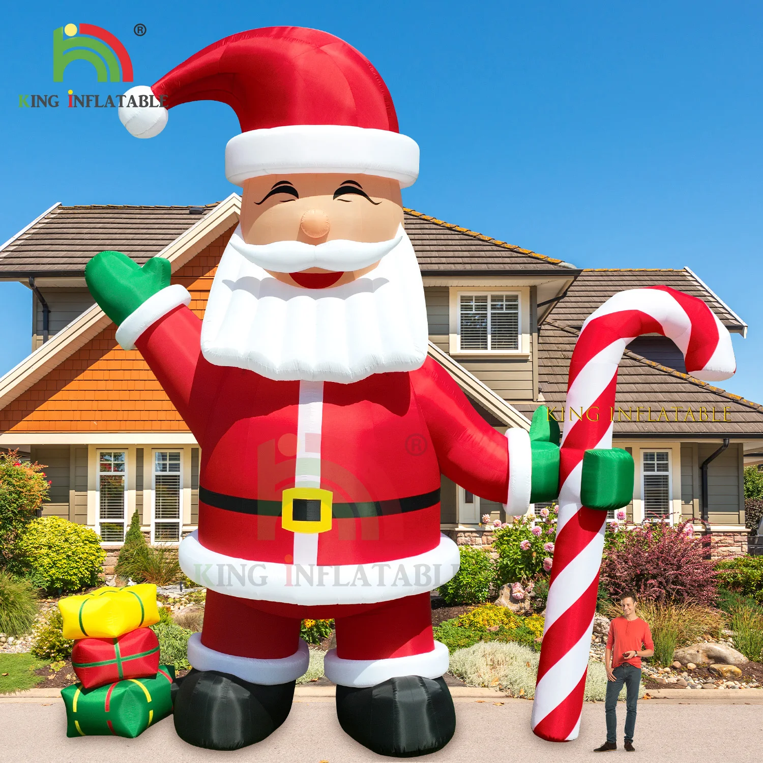 Giant Inflatable Santa Claus with Cindy Cane Gift Boxes, Xmas Outdoor Decoration with Air Blower, 20 ft, 26 ft, 33ft